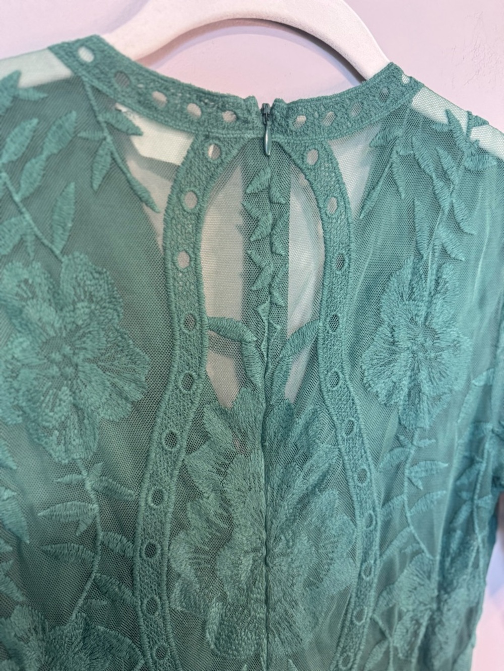 Altar’d State Green Lace Mini Dress Floral Embroidered V-Neck Sheer Sleeve - Picture 5 of 7